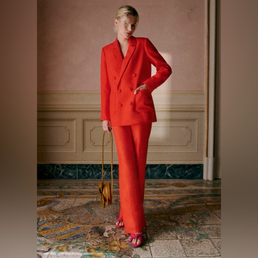 Sezane Red Suit - Agnes Jacket and Giovanni Trousers. Size 34 and 36
